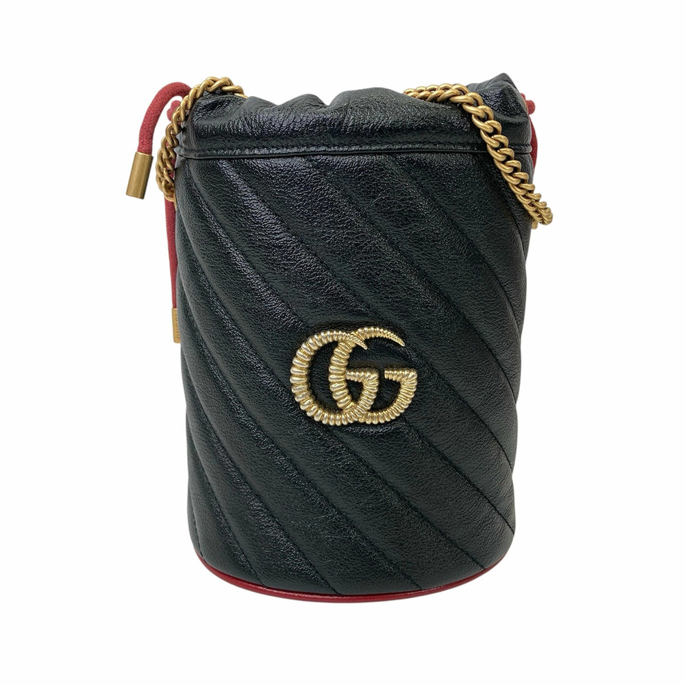 GUCCI Marmont Drawstring Chain Shoulder Bag Leather Black Baguette